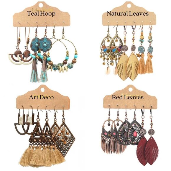 Bohemian 3 Pc Beaded Tassel Drop Earrings Leaves Water Droplets Flowers NEW - Picture 1 of 9